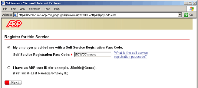 Screenshot of Self Service Registration page