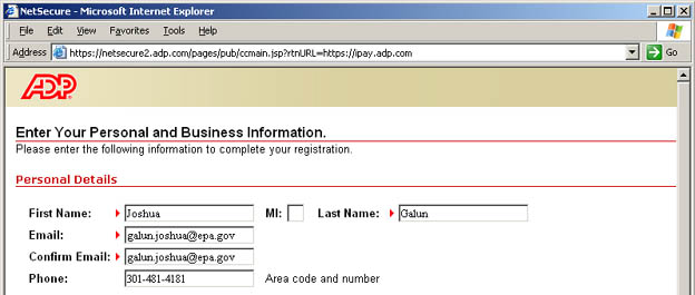 Screenshot of personal information section of registration page