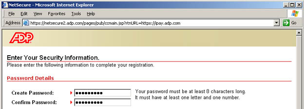 Screenshot of password selection section of registration page