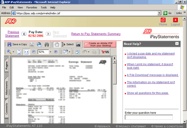 Screenshot of an electronic pay statement